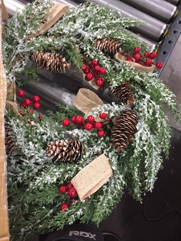 Photo 2 of 23” Artificial Christmas Wreath for Front Door with Pine Cone, Red Berries, Burlap Ribbon & Snowflake, Indoor Outdoor Holiday Wall Wreath Flocked with Mixed Decorations.
