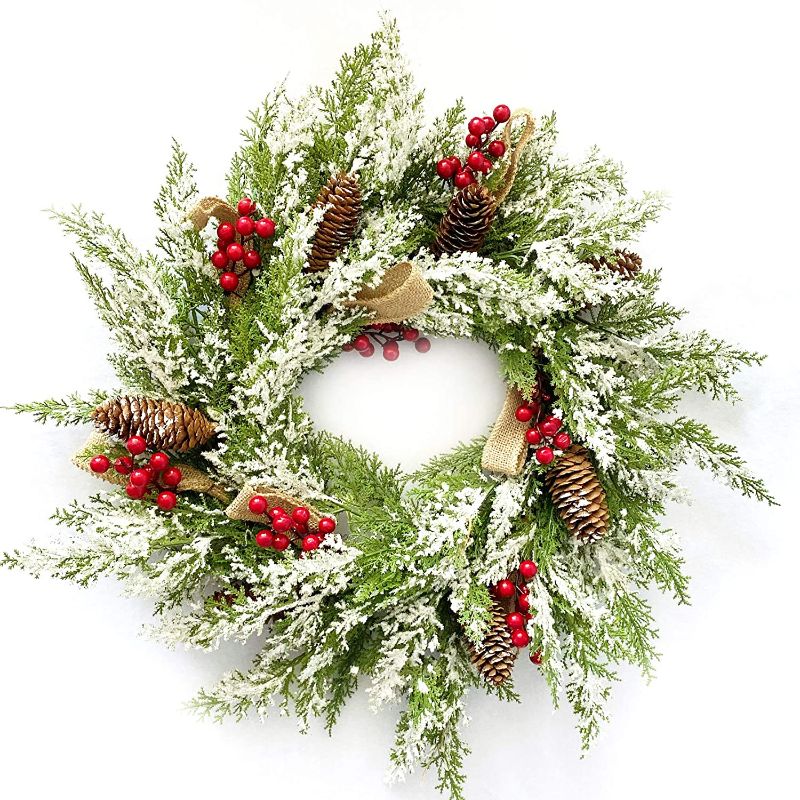 Photo 1 of 23” Artificial Christmas Wreath for Front Door with Pine Cone, Red Berries, Burlap Ribbon & Snowflake, Indoor Outdoor Holiday Wall Wreath Flocked with Mixed Decorations.
