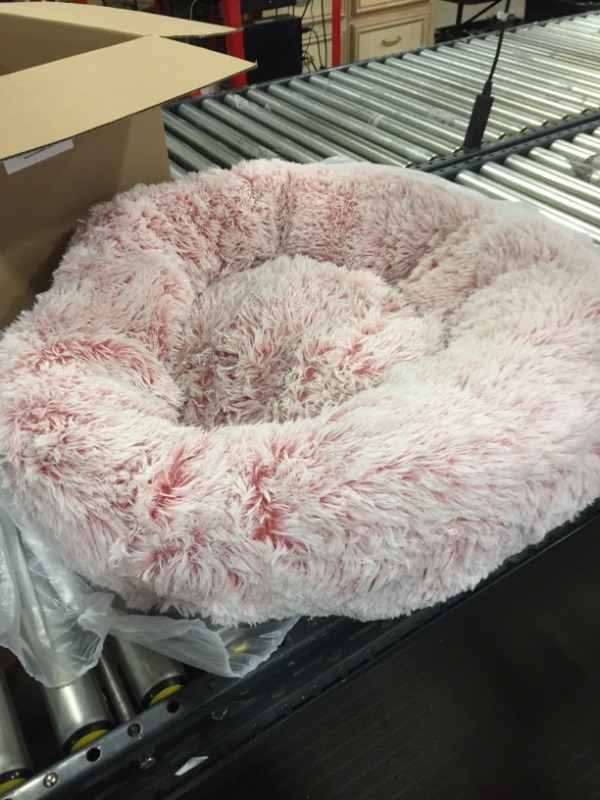 Photo 2 of Eterish Fluffy Round Calming Dog Bed Plush Faux Fur, Anxiety Donut Pink Large Dog Bed for Small, Large Dogs and Cats, Pet Cat Bed with Raised Rim, Machine Washable 28"