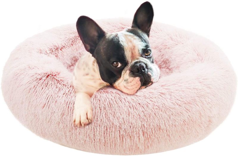 Photo 1 of Eterish Fluffy Round Calming Dog Bed Plush Faux Fur, Anxiety Donut Pink Large Dog Bed for Small, Large Dogs and Cats, Pet Cat Bed with Raised Rim, Machine Washable 28"