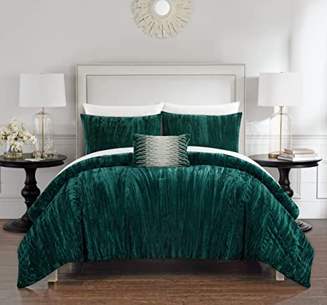 Photo 1 of Chic Home Westmont 4 Piece Comforter Set Crinkle Crushed Velvet Bedding-Decorative Pillow Shams Included, King, Green
