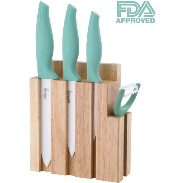 Photo 1 of Ceramic Knives Set with Block. 6", 5 and 4 Inches White Sharp Zirconium Blades and Peeler in Wood Holder.