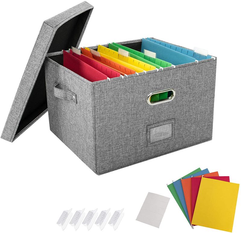 Photo 1 of JSungo File Organizer Box, Collapsible Linen Storage Box with Lid-  Grey