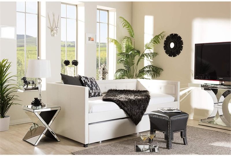 Photo 1 of Baxton Studio Frank Modern and Contemporary Button-Tufting Sofa Daybed with Roll-Out Trundle Guest Bed White