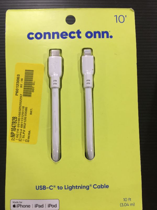 Photo 1 of Onn. 10' Lightning to USB-C Cable, White

