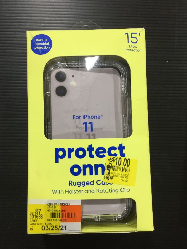 Photo 2 of Onn. Clear Rugged Case with Built-in Antimicrobial for iPhone 11
