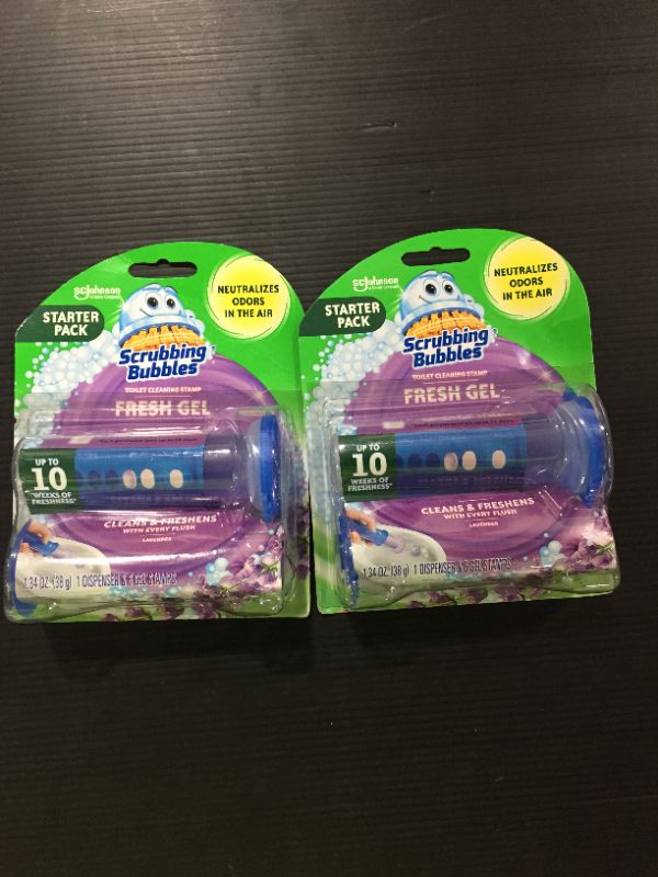 Photo 2 of [2 Pack] Scrubbing Bubbles Fresh Gel Toilet Cleaning Stamp, Lavender, Dispenser with 6 Stamps
