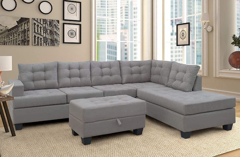 Photo 1 of [MISSING FEET & HARDWARE] 3 PC Sectional Sofa Set, Gray Linen Right -Facing Chaise [Sofa Only]