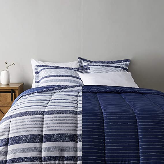 Photo 1 of Amazon Basics Ultra-Soft Light-Weight Microfiber Reversible Comforter Bedding Set - King, Blue Denim/Beige Stripes
