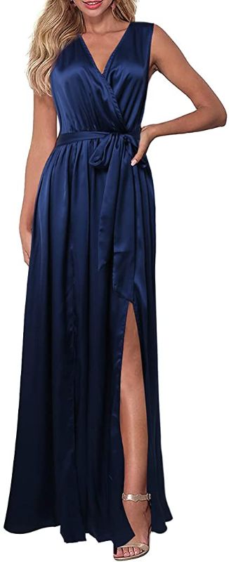 Photo 1 of HOMOPHONY Women's Sexy Deep V Neck Sleeveless High Slit Satin Long Homecoming Beach Party Maxi Dress Floor Length