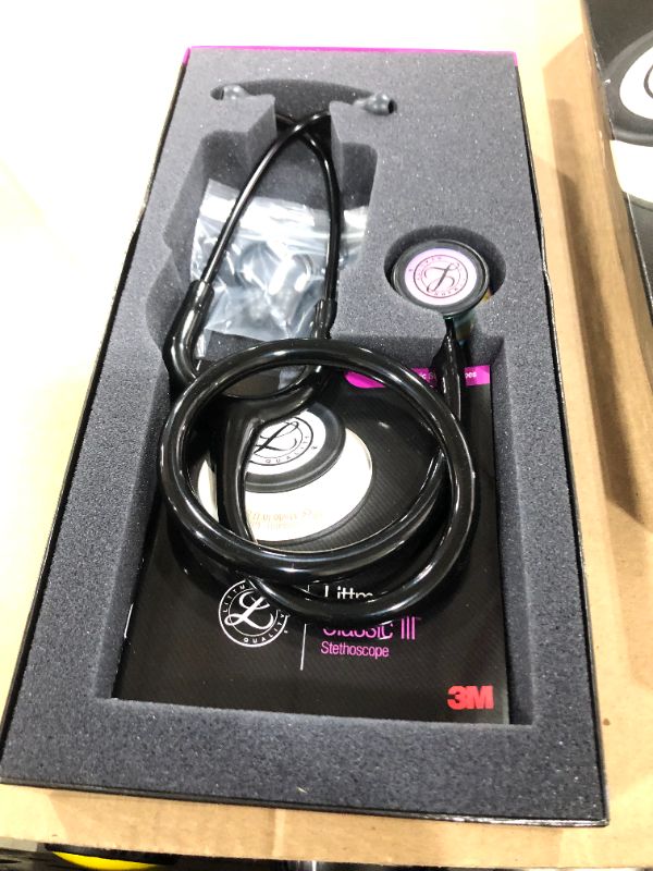 Photo 2 of 3M Littmann Classic III Monitoring Stethoscope, Rainbow-Finish Chestpiece, Black Stem and Headset, Black Tube, 27 Inch, 5870