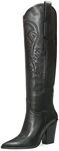 Photo 1 of ISNOM Women's Western Boots Knee High Boots, Cowboy Cowgirl Embroidered Chunky Block Heel Pointed Toes Slip on Boots