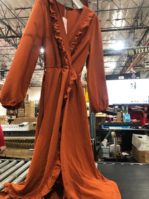 Photo 2 of Boho Burnt Orange Women's Simplee Puff Sleeve Frill Trim Wrap Belted Dress
SIZE XL