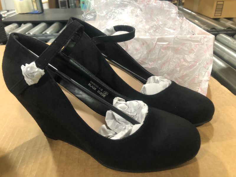 Photo 2 of Bella Marie Denise-1 Women's round toe wedge heel mary jane squeaky strap suede shoes, Black, size 9