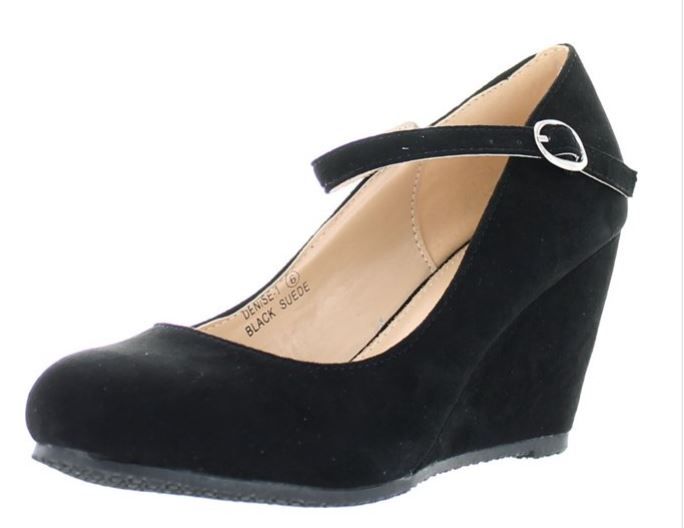 Photo 1 of Bella Marie Denise-1 Women's round toe wedge heel mary jane squeaky strap suede shoes, Black, size 9