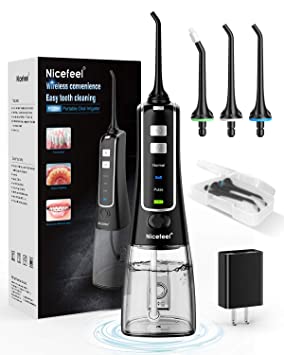 Photo 1 of Cordless Water Flosser Teeth Cleaner, Nicefeel 300ML USB Rechargable Portable Oral Irrigator for Travel,Home 3-Modes IPX7 Waterproof Water Dental Flosser with 4 Jet Tips for Braces and Teeth Whitening