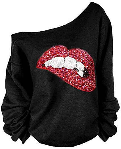 Photo 1 of MAGICMK Woman’s Sweatershirt Lips Print Causal Blouse Off The Shoulder Long Sleeve Loose Slouchy Pullover Plus Size Tops