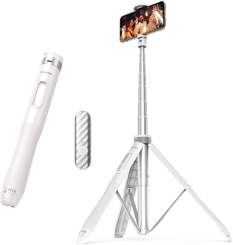 Photo 1 of ATUMTEK 51" Selfie Stick Tripod, All in One Extendable Phone Tripod Stand with Bluetooth Remote 360° Rotation for iPhone and Android Phone Selfies, Video Recording, Vlogging, Live Streaming, White
