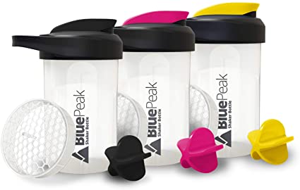 Photo 1 of BluePeak Protein Shaker Bottle 20 oz with Dual Mixing Technology, Strong Loop Top, BPA Free, Shaker Balls & Mixing Grids Included - On-The-Go Small Protein Shakers (3 Pack - Black, Yellow, Pink)