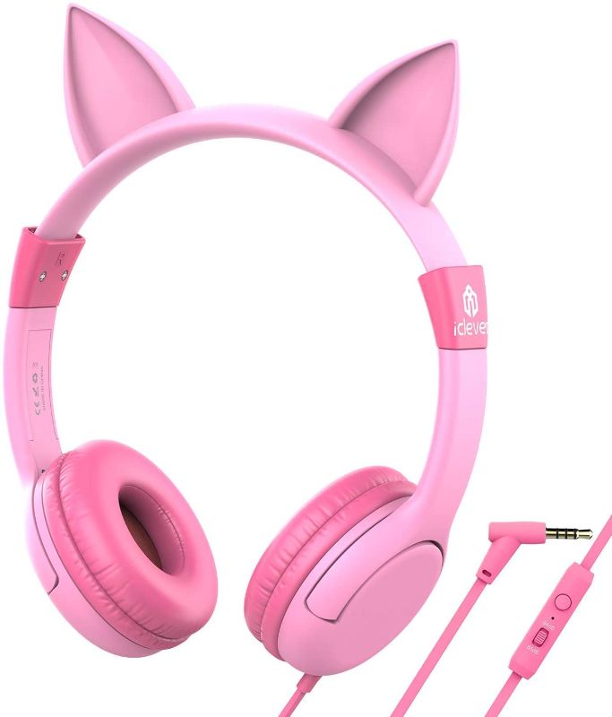 Photo 1 of 
Roll over image to zoom in
iClever HS01 Kids Headphones with Mic, Food Grade Safe Volume Limited 85/94dB, Cat Ear Headphones for Kids Girls Boys, Wired Children Headphones for Online Learning/School/Travel/Tablet (Pink)