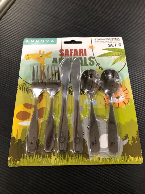 Photo 2 of ANNOVA Kids Silverware 6 Pieces Children's Safe Flatware Set Stainless Steel - 2 x Safe Forks, 2 x Table Knife, 2 x Tablespoons, Toddler Utensils Safari, for Lunchbox (Etched Elephant, Giraffe, Lion)
