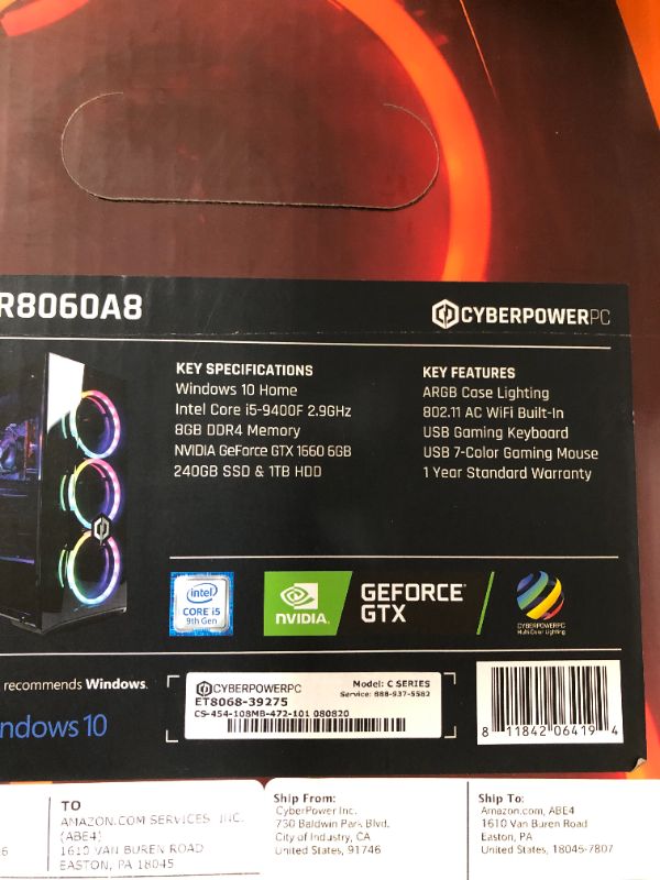 Photo 3 of CyberpowerPC Gamer Xtreme VR Gaming PC, Intel Core i5-9400F 2.9GHz, NVIDIA GeForce GTX 1660 6GB, 8GB DDR4, 240GB SSD, 1TB HDD, WiFi Ready & Win 10 Home (GXiVR8060A8, Black)
