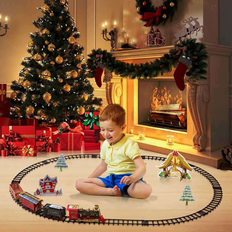 Photo 1 of Hot Bee Train Set - Electric Train Toy for Boys Girls w/ Smokes, Lights & Sound, Railway Kits w/ Steam Locomotive Engine, Cargo Cars & Tracks, Christmas Gifts for 3 4 5 6 7 8+ year old Kids
