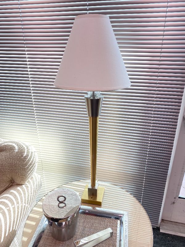 Photo 3 of Gold Stand Light with White Shade 36H inches
