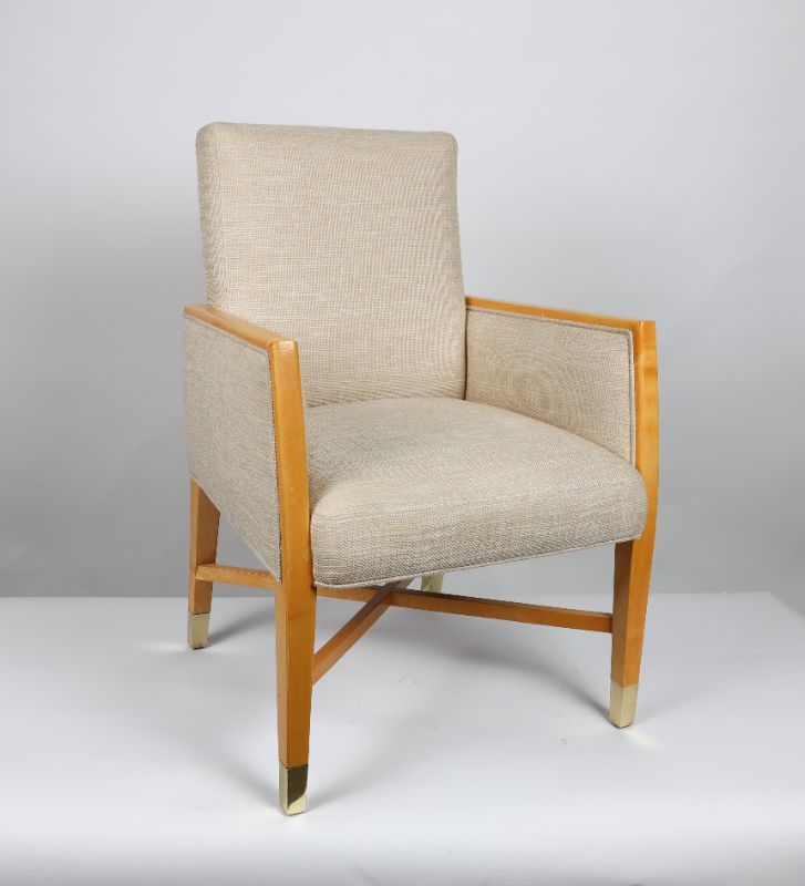 Photo 1 of LIGHT CREME CANVAS FABRIC ARMCHAIR 37H INCHES missing 1 metal leg.