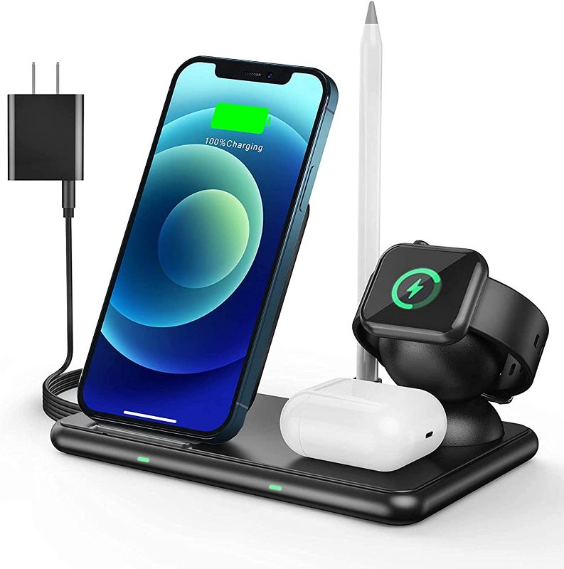 Photo 1 of 4 in 1 Wireless Charging Station for Multiple Devices,Foldable Wireless Charger Stand Compatible with Apple Watch&Pencil&Airpods Pro iPhone 12/12 Pro/11/11 Pro/8/X/Samsung (with 18w QC3.0 Adapter)

