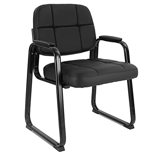 Photo 1 of CLATINA Waiting Room Guest Chair with Bonded Leather Padded Arm Rest for Office Reception and Conference Desk Black with Sled Base