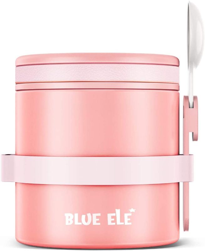 Photo 1 of BLUE ELE Leakproof, Vacuum Insulated Thermos Hot Lunch Containers with Ceramic-Coated Stainless Steel, Easy Grip Lid, and Folding Spoon, 13.5oz, Carnation Pink