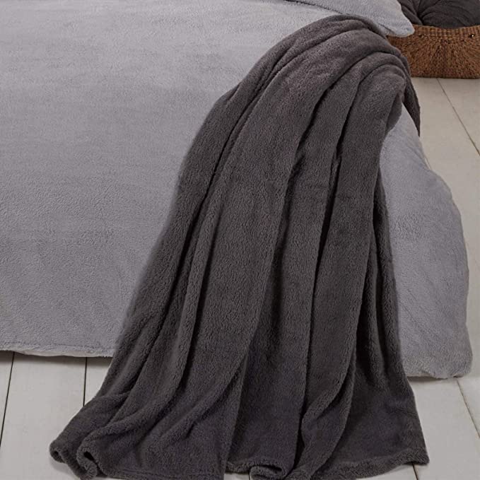 Photo 1 of Brentfords Teddy Fleece Blanket Large Throw Over Bed Plush Super Soft Warm Sofa Bedspread, Charcoal Grey - 60" x 78"…
