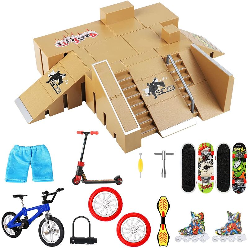 Photo 1 of Fingerboard Skatepark 8Pcs, HOMETALL Fingerboard Ramps with 9Pcs Mini Finger Toys Set Including Fingerboards, Finger Bike, Scooters, Mini Finger Skateboard Ramp Set Finger Skate Park for Kids Gift
