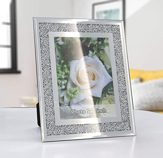 Photo 1 of Crush Diamond Mirror Photo Frame In Bling Sparkle Crystal Silver Glass Finish, For Picture Size 5x7 inch, table top Stand frame & Wall Frame.
