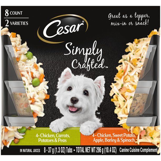 Photo 1 of CESAR SIMPLY CRAFTED Adult Wet Dog Food Cuisine Complement Variety Pack, Chicken, Carrot, Potato & Peas, & Chicken, Sweet Potato, Apple, Barley & Spinach, (8) 1.3-oz Tub - BEST BY 11/12/2022
