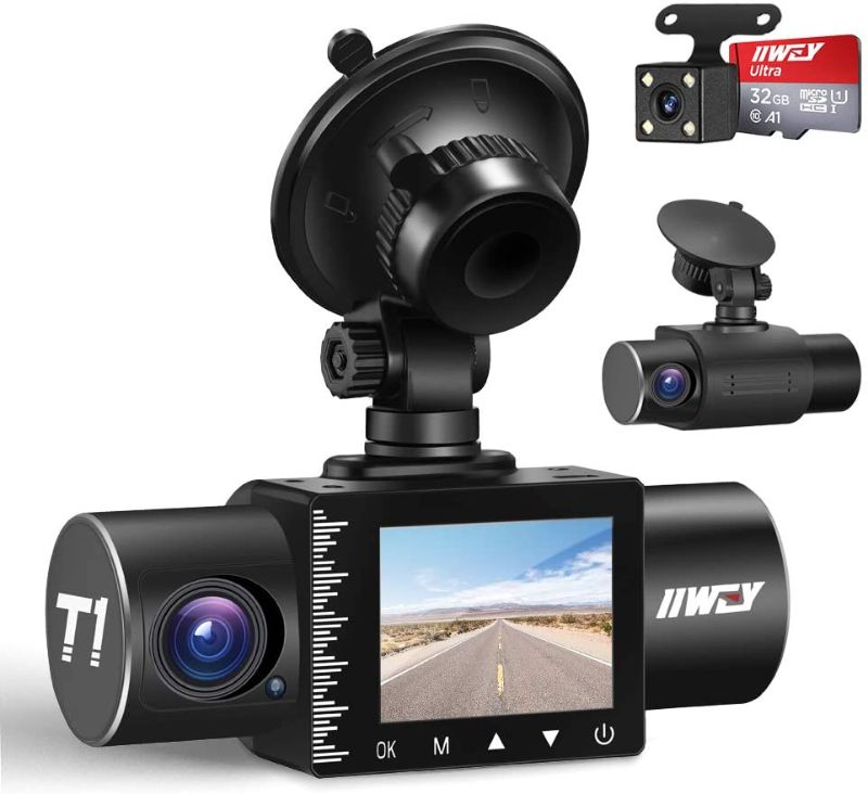 Photo 1 of iiwey Dash Cam Front Rear and Inside 1080P Three Channels with IR Night Vision Car Camera SD Card Included Dashboard Camera Dashcam for Cars HDR Motion Detection and G-Sensor for Car, Taxi, Uber