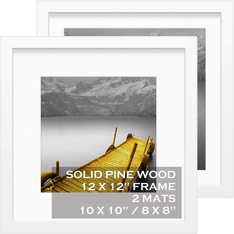 Photo 1 of 12x12 Picture Frames White Made of Solid Wood - Each 12x12 Inch Square Photo Frames with 2 Mats Wooden for Wall or Tabletop Mount, Set of 2
