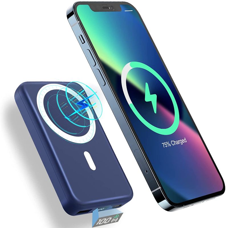 Photo 1 of Magnetic Wireless Portable Charger, 10000mAh Wireless Power Bank AOGUERBE PD 22.5W Fast Charging with USB-C LED Display Mag-Safe Battery Pack Compatible for iPhone 12&13/ Pro/Mini/Pro Max?Blue?