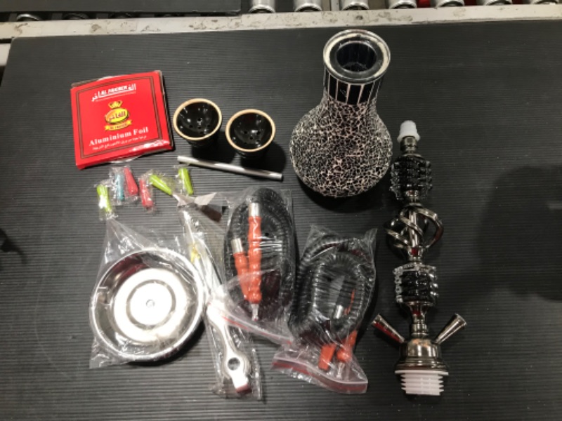 Photo 1 of 21" Hookah Set - Premium 2 Hose Hookah Complete Set - Shisha Hookah Kit With Glass Vase Ceramic Bowl & Coal Tongs Ashtray (Black)
