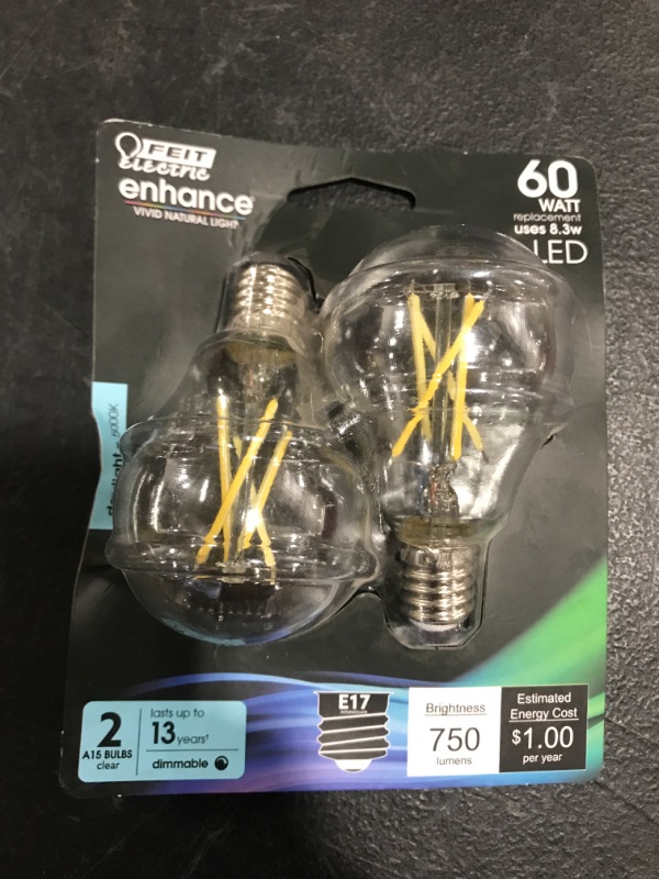 Photo 1 of FEIT ELECTRIC 60-Watt Equivalent A15 Intermediate Dimmable CEC Clear Glass LED Ceiling Fan Light Bulb, Daylight 5000K (2-Pack). OPEN PACKAGE.