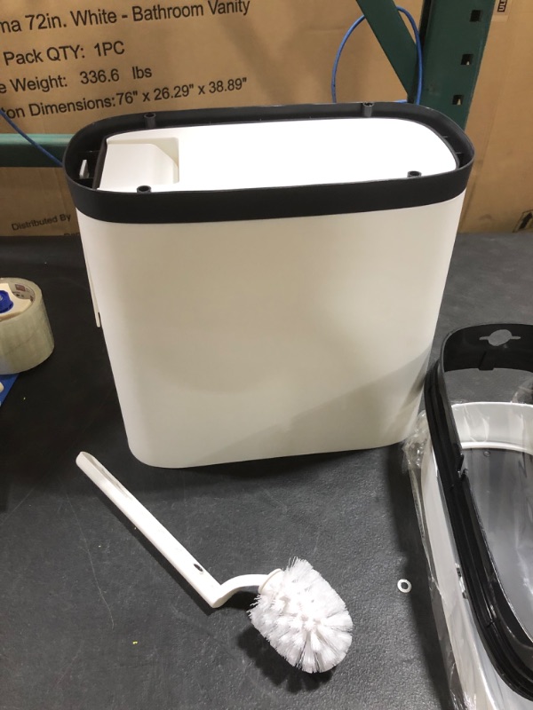 Photo 2 of 3.7 Gallons Bathroom Trash Can with Toilet Brush Holder | 14 Liter White Plastic Garbage Can with Black Locking Press Top Lid | Dogproof Slim Rectangular Trash Bin for Toilet
