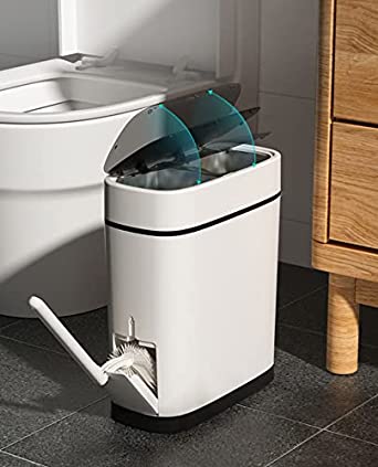 Photo 1 of 3.7 Gallons Bathroom Trash Can with Toilet Brush Holder | 14 Liter White Plastic Garbage Can with Black Locking Press Top Lid | Dogproof Slim Rectangular Trash Bin for Toilet
