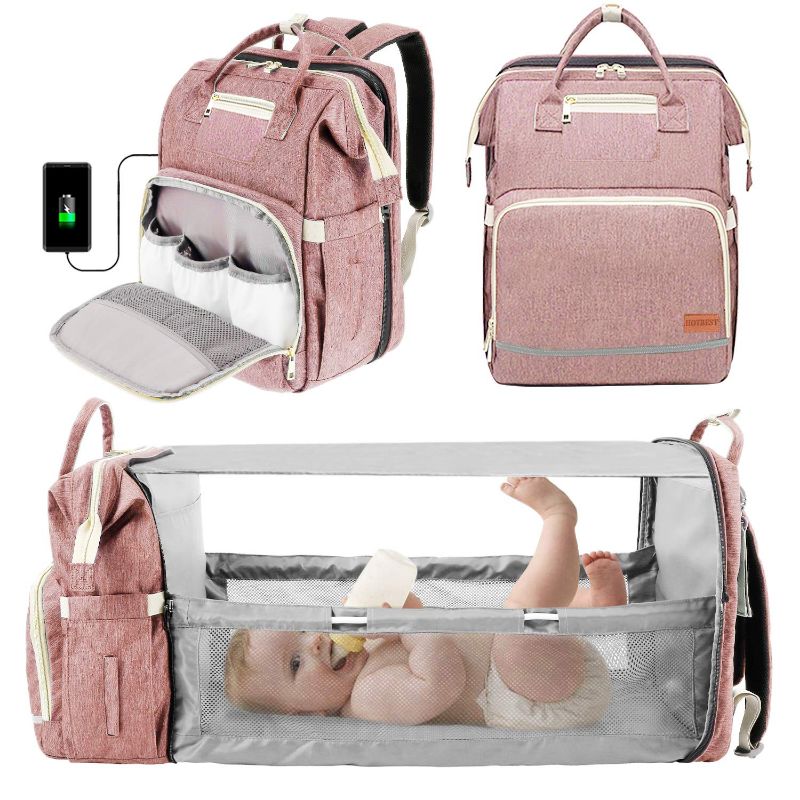 Photo 1 of 3 in 1 Diaper Bag Backpack with Bassinet Bed Mat Pad Portable Travel Convertible Bags Newborn Registry Baby Shower Gifts Essentials Accessories Stuff for Girls Boys Men Dad Mom Pink
