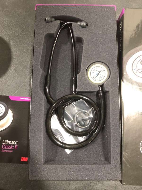 Photo 2 of 3M Littmann Classic III Monitoring Stethoscope, Rainbow-Finish Chestpiece, Black Stem and Headset, Black Tube, 27 Inch, 5870
