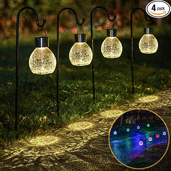 Photo 1 of 4 Pack Hanging Solar Lights Set with Shepherd Hooks, Outdoor Color Changing Solar Powered Waterproof Landscape Lanterns with Crackle Glass Ball Design Pathway Decoration
