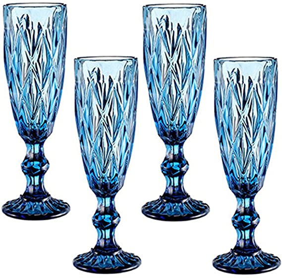 Photo 1 of Champagne Flutes Set of 4 for Wedding Party Anniversary Christmas Birthday 5oz Vintage Pattern Embossed Champagne Glass 150ml Premium Glass (Blue)
