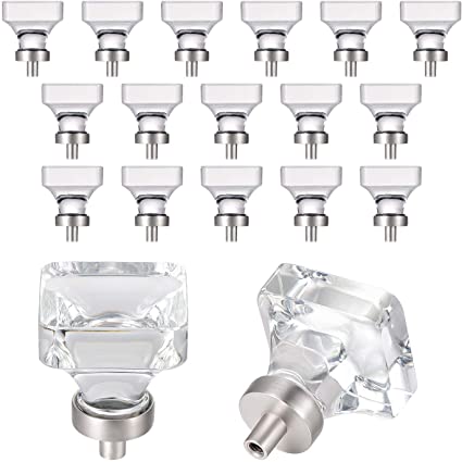 Photo 1 of COOLNEWS 16 Pcs Glass Cabinet Knobs, Square Crystal Dresser Drawer knobs Kitchen Knobs and Pulls, Satin Nickel
