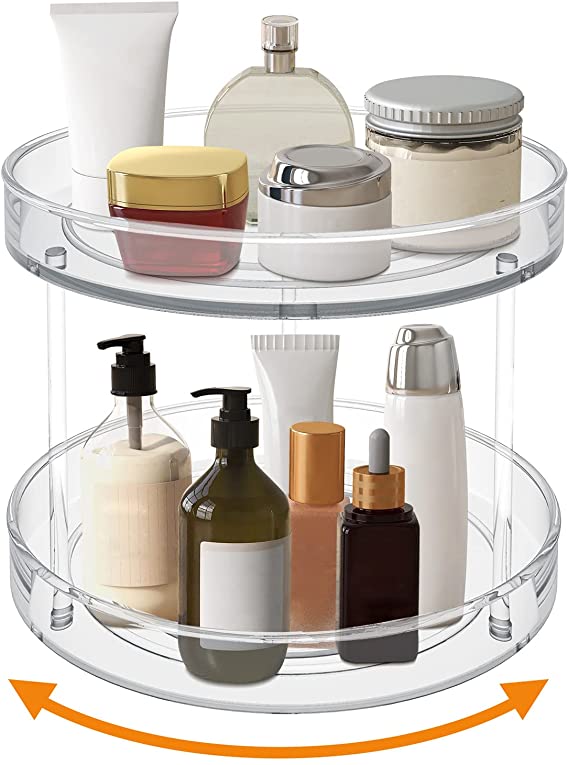 Photo 1 of  2 Tier Lazy Susan Turntable Spice Rack Organizer for Kitchen Cabinet, Farmhouse Tiered Tray Decorative Trays for Fruit, Snacks - Organizer for Cupboard, Pantry, Bathroom, Table
