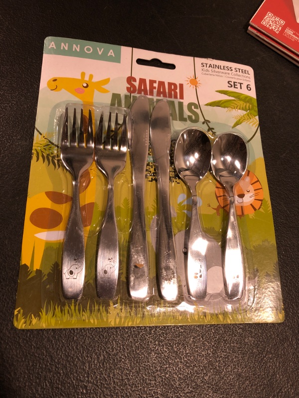 Photo 2 of ANNOVA Kids Silverware 6 Pieces Children's Safe Flatware Set Stainless Steel - 2 x Safe Forks, 2 x Table Knife, 2 x Tablespoons, Toddler Utensils Safari, for Lunchbox (Etched Elephant, Giraffe, Lion)
